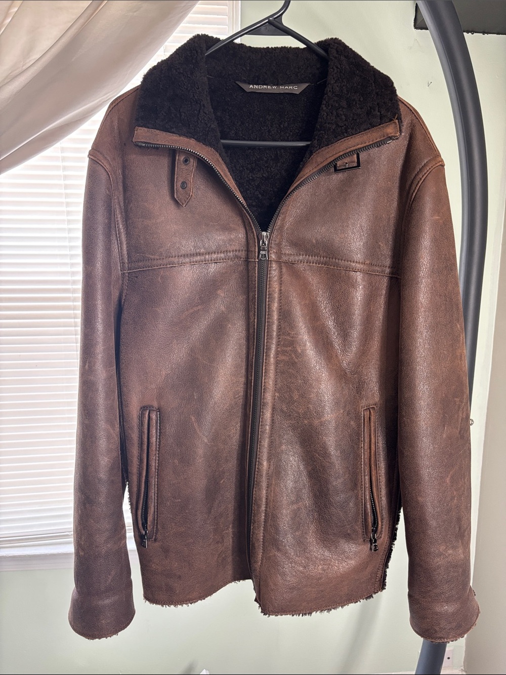 Andrew Marc Vintage Brown Leather Jacket with Shearling Collar and interior